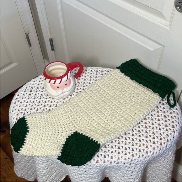 Handmade Crochet Christmas Stocking Cream Green Chunky Knit 2 Skein Christmas - Picture 6 of 17